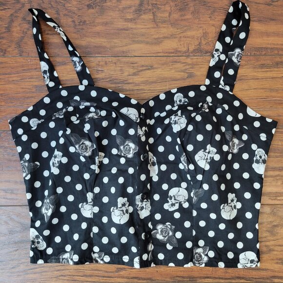 HOT TOPIC Black White Skull Rose Polka Dot Button Cropped Tank Top sz XL Pin-Up - Picture 4 of 7